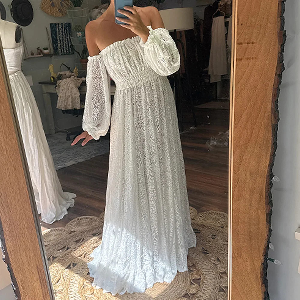 

Photography Dress For Women Off Shoulder Long Sleeved White Cashew Flower Lace Dress Maternity Dresses For Photo Shoot