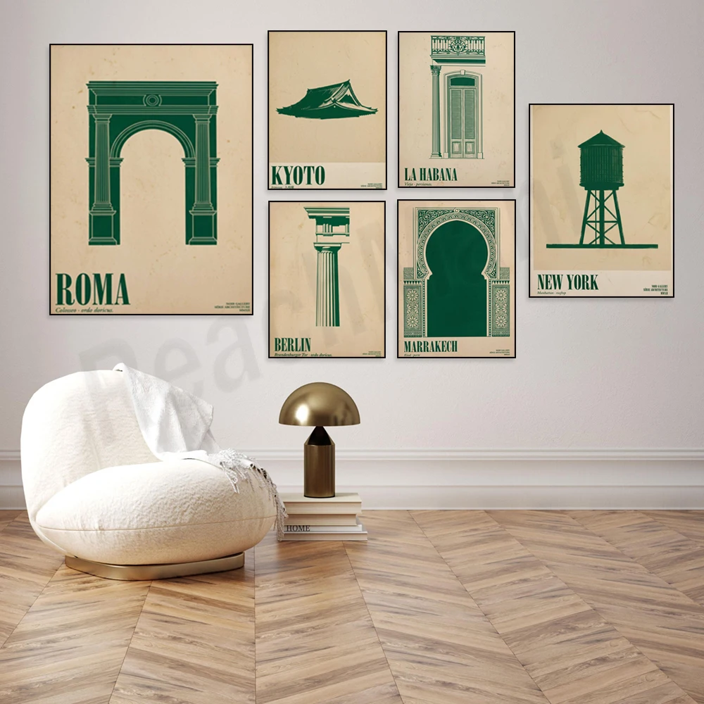 Roman arches, the Brandenburg Gate in Berlin, Kyoto temples, the Netherlands, Havana, posters of Islamic geometric architecture