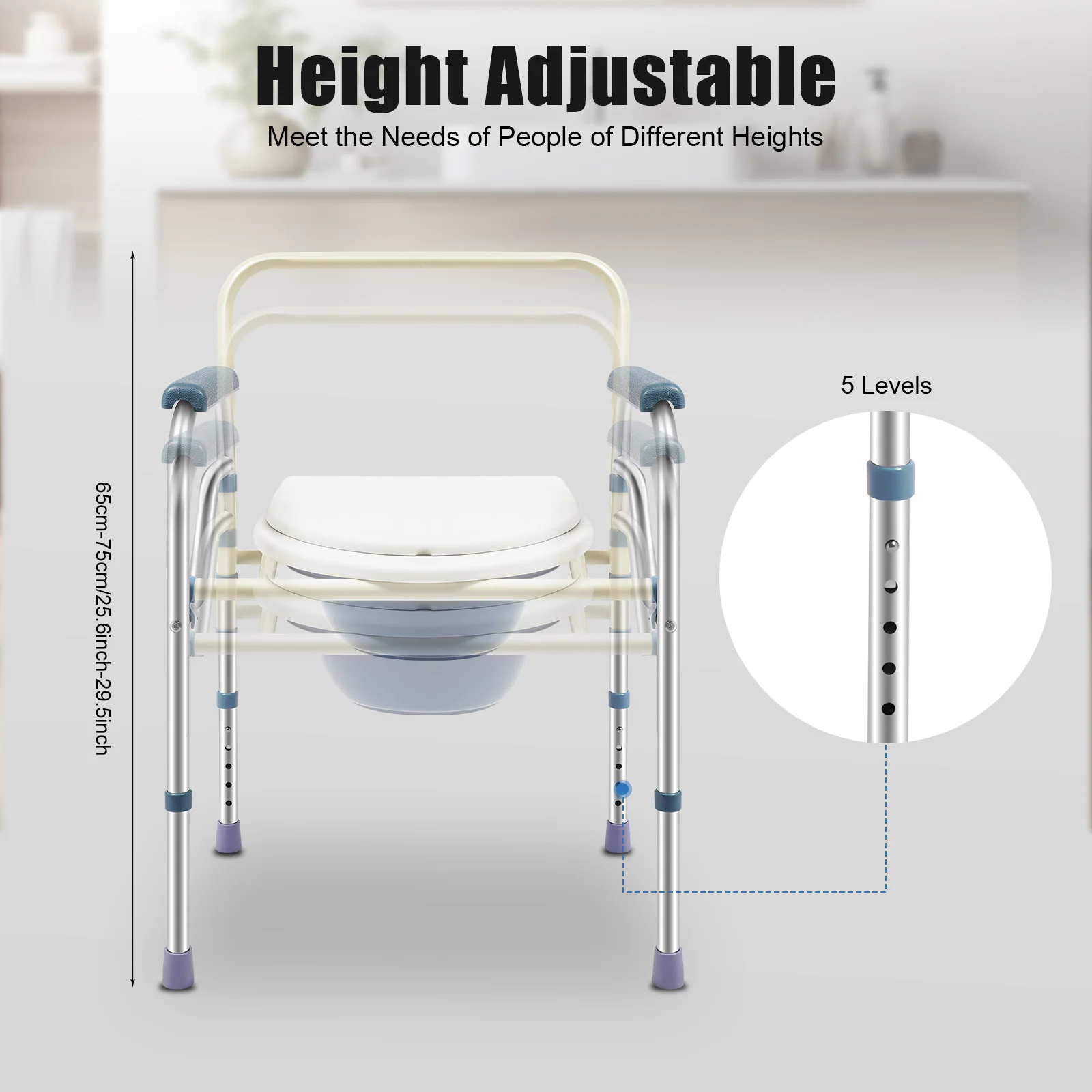 Leichter, faltbarer Toilettenstuhl, perforierte Stühle, Sicherheits-Toilettenstuhl mit verstellbarer Höhe für ältere Menschen – Detail 4