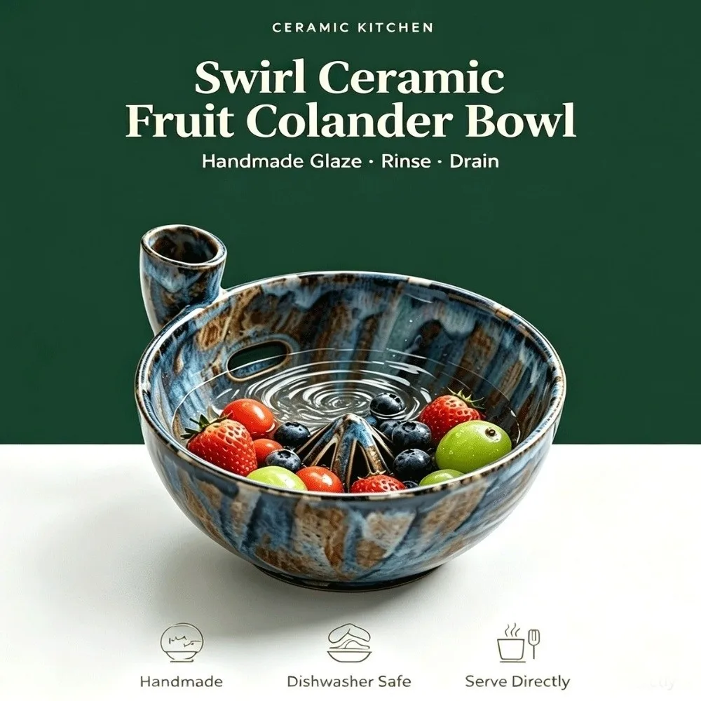 Ceramic Automatic Fruit Washer Bowl Self-Spinning Vortex-Style Fruit Cleaning Bowl Quick Drain Auto-Rinse Fruit Washing Machine