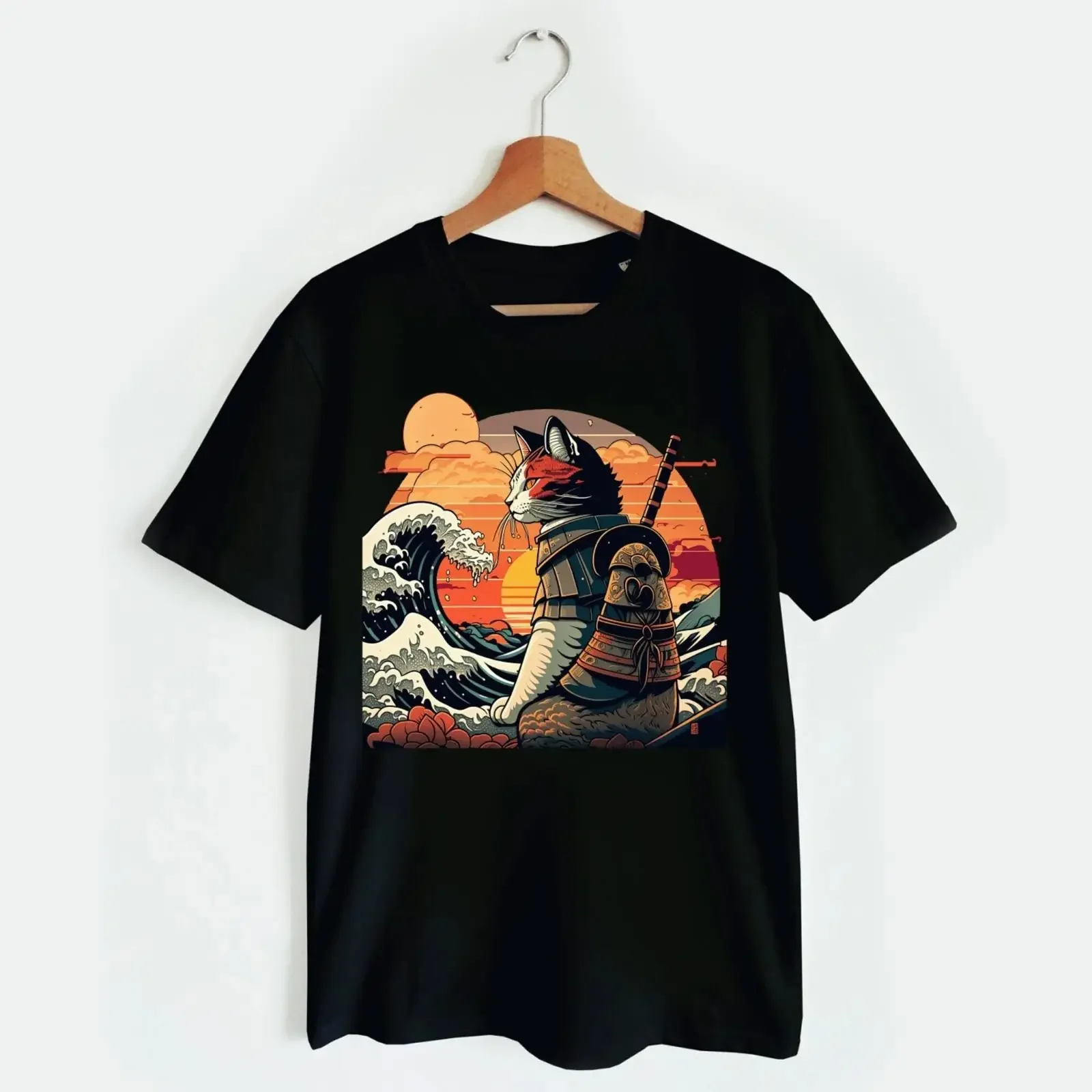 Retro samurai cat T shirt The Great Wave off Kanagawa Hokusai vintage Washed Unisex Casual designer clothes Slightly