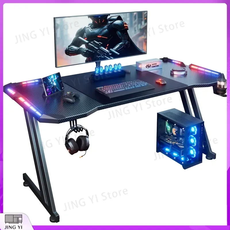 

Gaming Desk 120cm 140cm 160cm with RGB LED Lights Z Shape Adjustable Height Ergonomic Computer Desk for PC Laptop Workstation