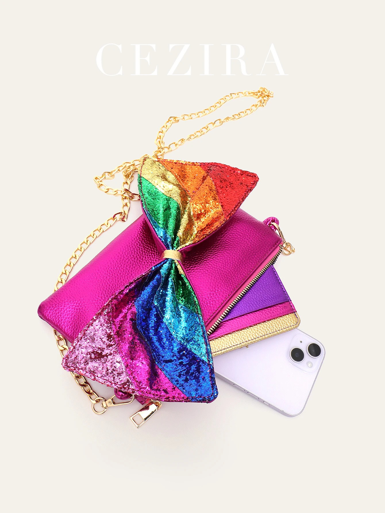 Funky Shiny Sequins Metallic PU Leather Clutch Bag Women Big Bow Rainbow Color Stripes Square Zip Long Chain Crossbody Purse