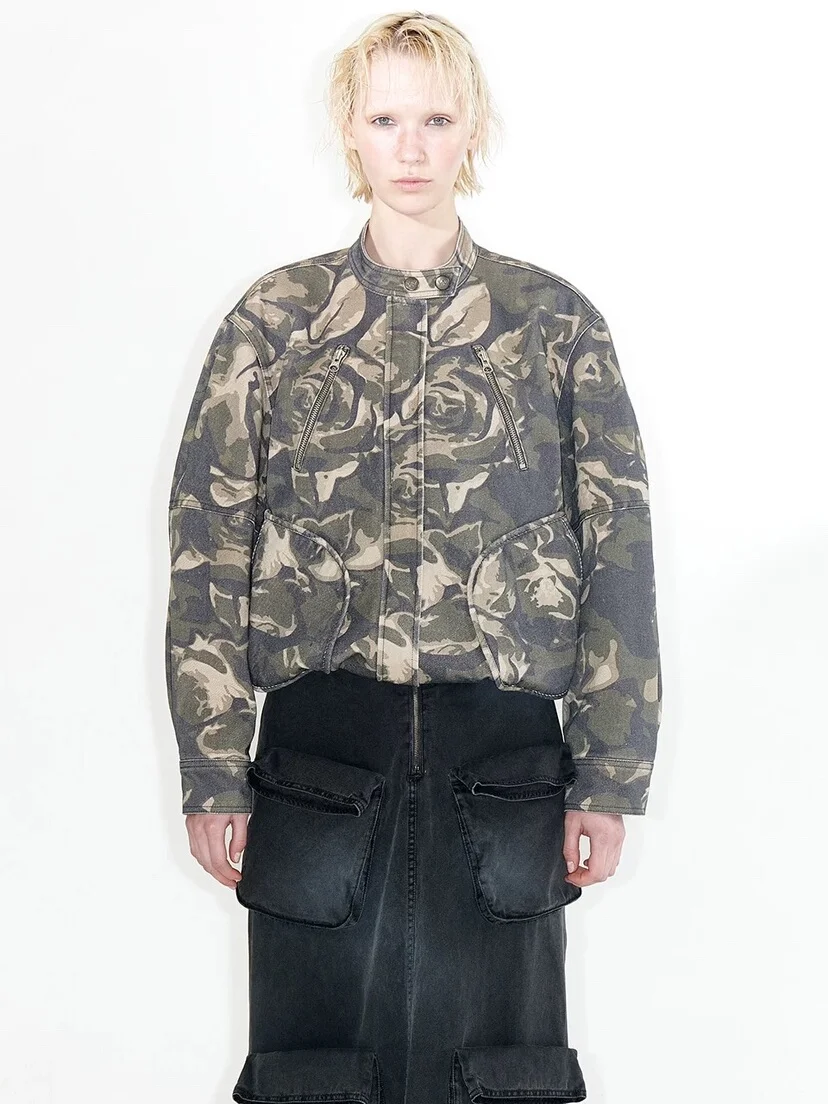 Waed Denim Biker SLE Jaet Casual Openyy Frühling 2024, Baumwoll-Polyester-Mischung, langer Sve-Reißverschluss, gerader Mantel