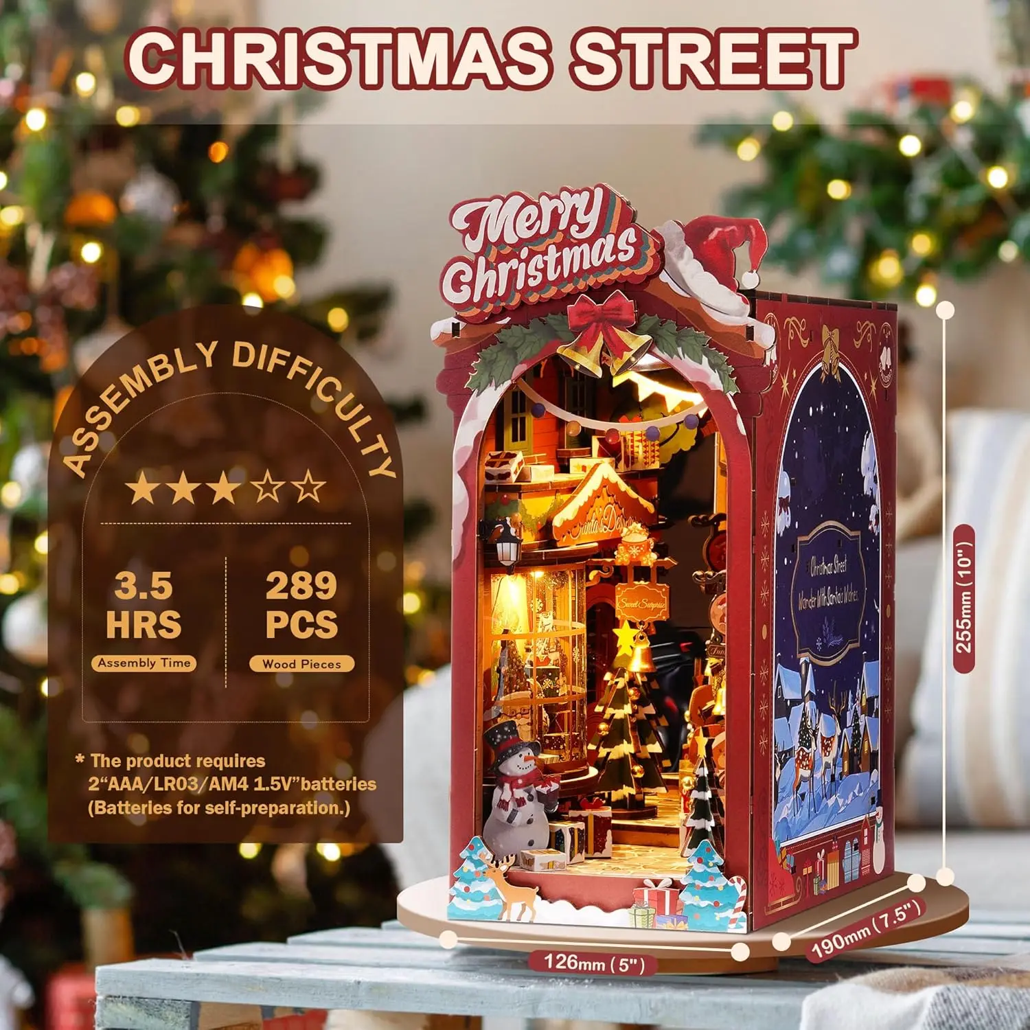 Robotime Book Nook Kit DIY Miniature Dolls House Kit 3D Wooden Puzzle Decoration Gift with LED Lights Christmas Street and House