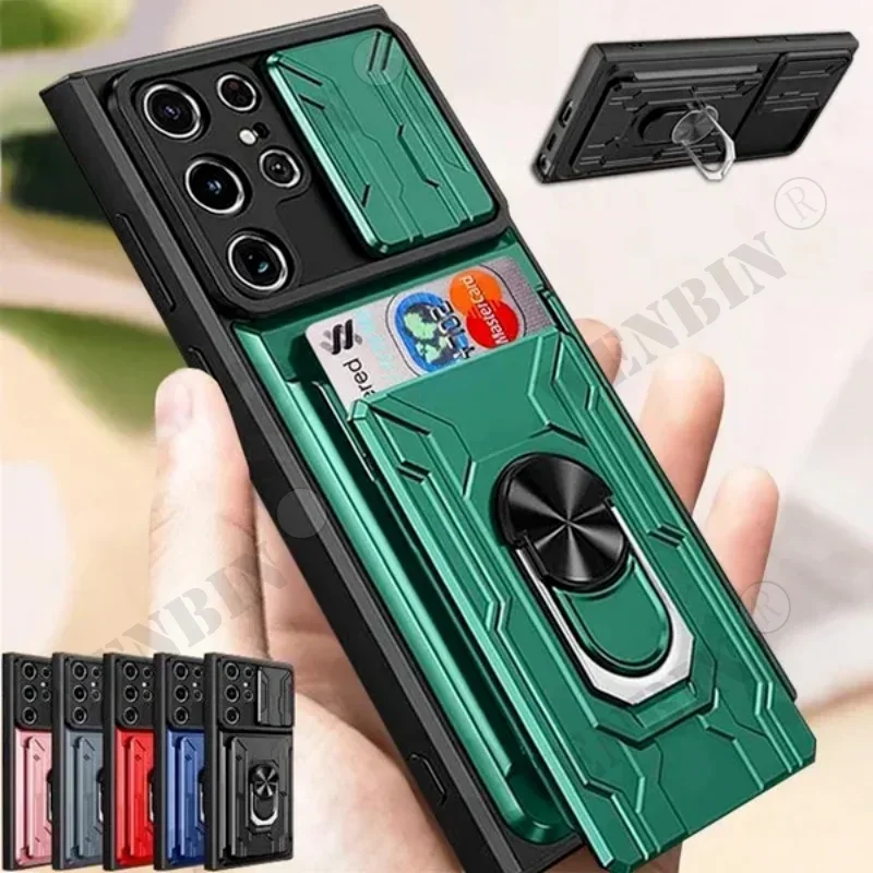 Case For Samsung Galaxy S24 Ultra Plus S23 Ultra Plus A55 A15 A14 A54 A25 Slide Stand Ring Camera Military Grade Card Slot Cover