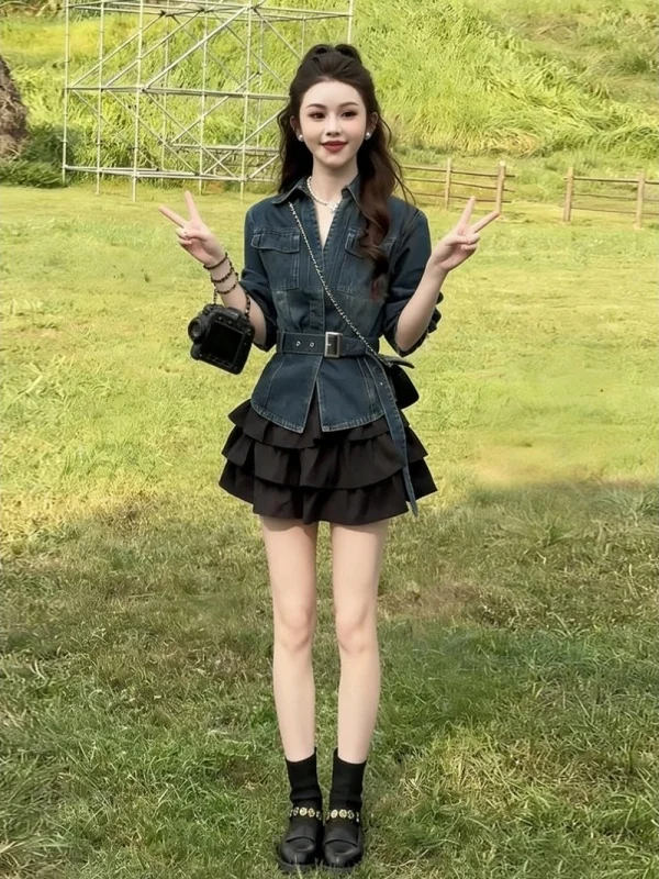 

Slimming Denim Jacket And Black Skirt Two-Piece Set Korean Style Fashion Women's Spring New Arrival Elegant Casual Outfit