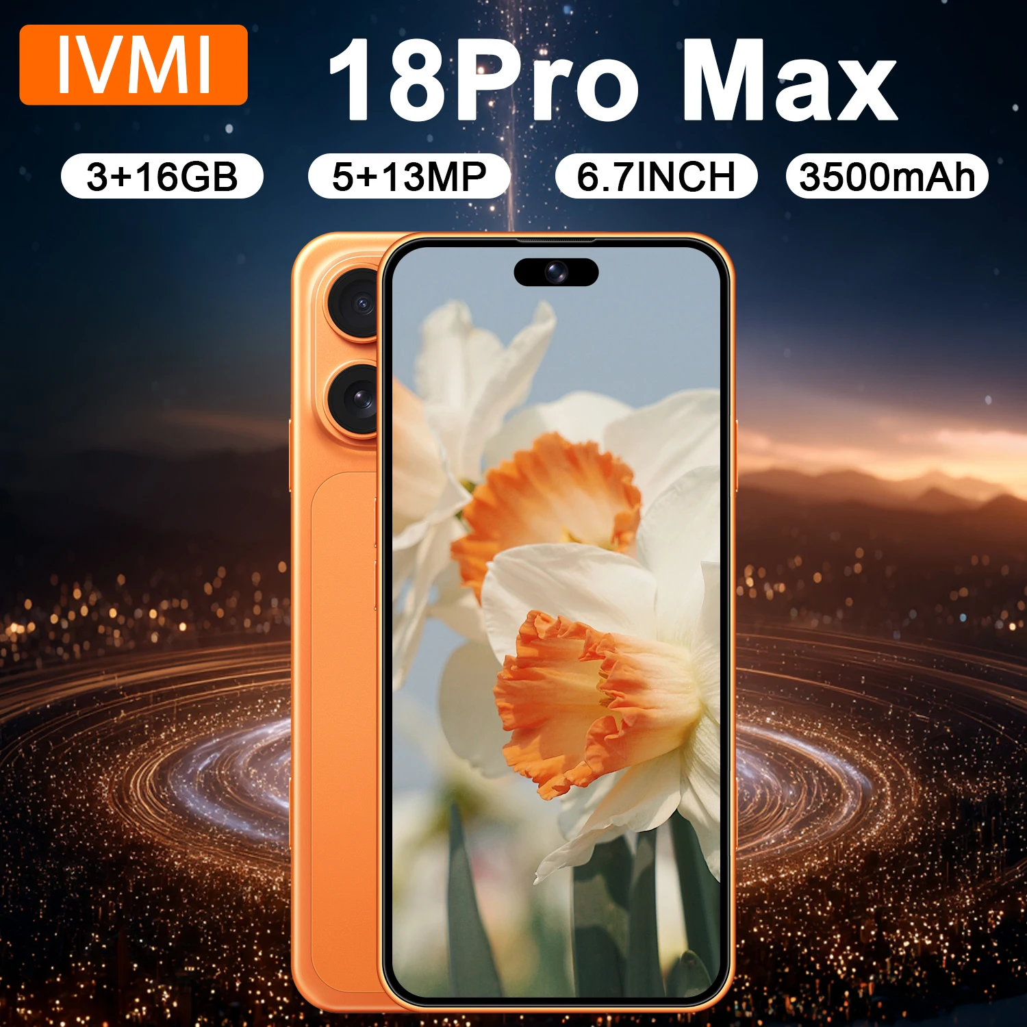 هاتف IVMI 18 Pro Max بنظام أندرويد 10، شاشة بحجم 6.7 بوصة، هاتف ذكي أصلي ورخيص، ذاكرة وصول عشوائي 3 جيجابايت + ذاكرة تخزين 16 جيجابايت، يدعم شبكات الجيل الرابع، شريحتين، واي فاي، نظام تحديد المواقع ال