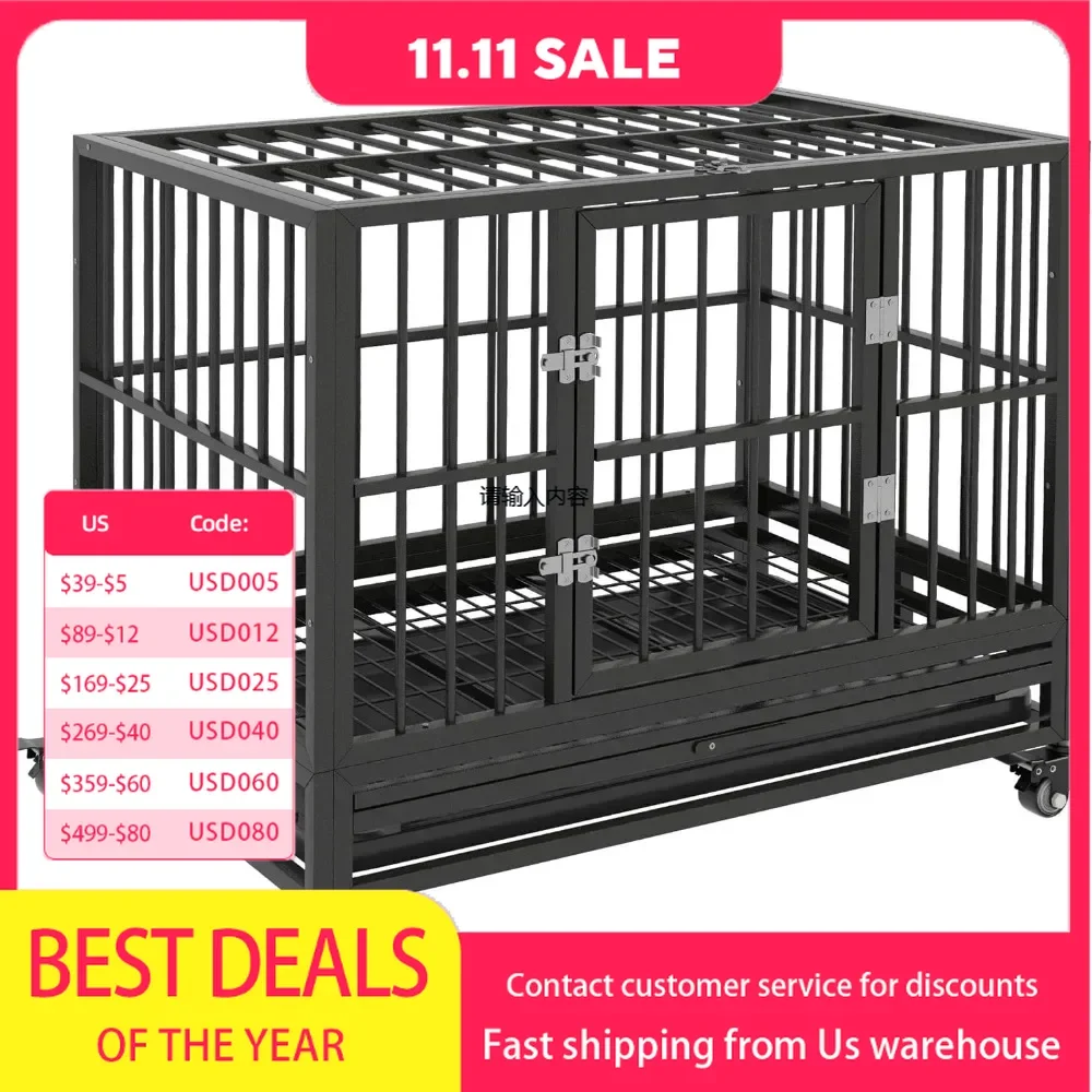 36 inch heavy duty dog cage metal cage kennel with lockable wheels, double door and removable tray weighing up to 44 lbs