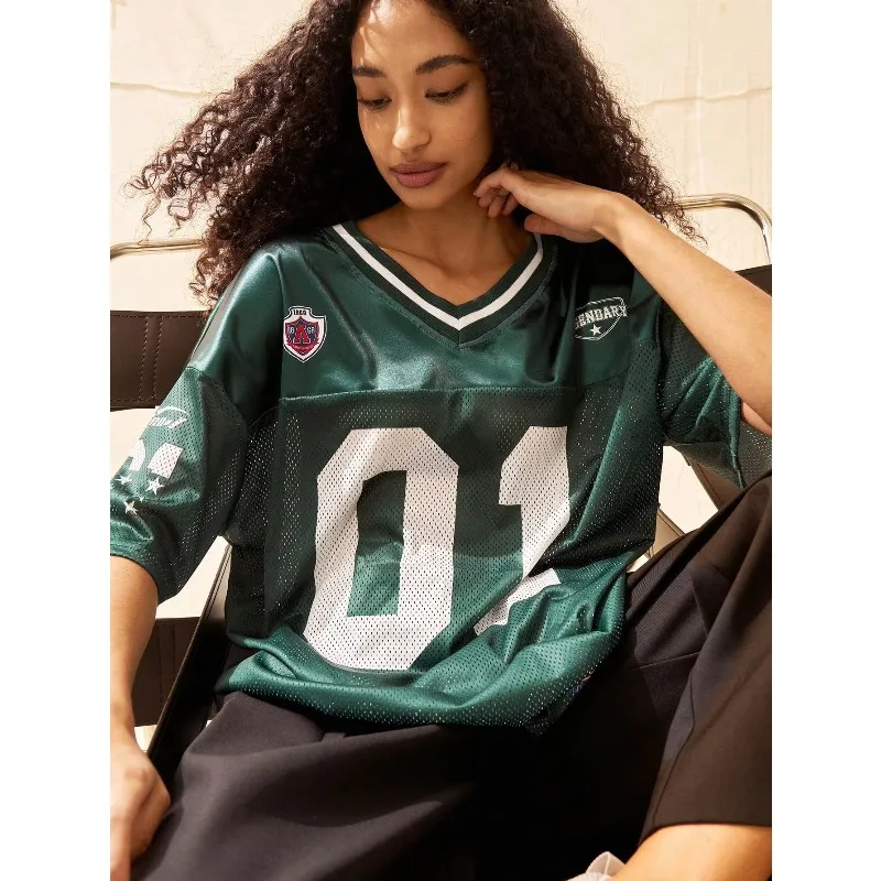 Unisex Summer V-neck T-shirt American Sports Style Casual Loose Fashion Hip-Hop Street Style Versatile Top