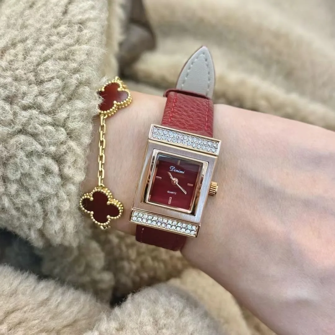 Women Quartz Watch Luxury Diamond Reloj Vintage Red Leather Strap Clock Ladies New Stainless Steel Orologio Rose Gold Wristwatch