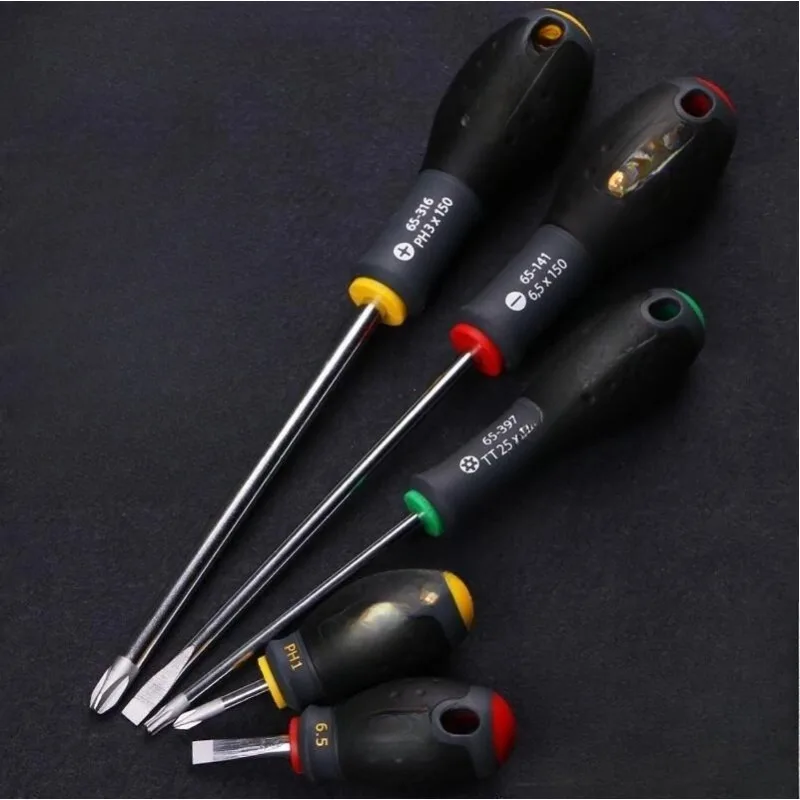 

Three-color handle parallel one-word cross rice screw, batch plus hard flat-mouth screwdriver