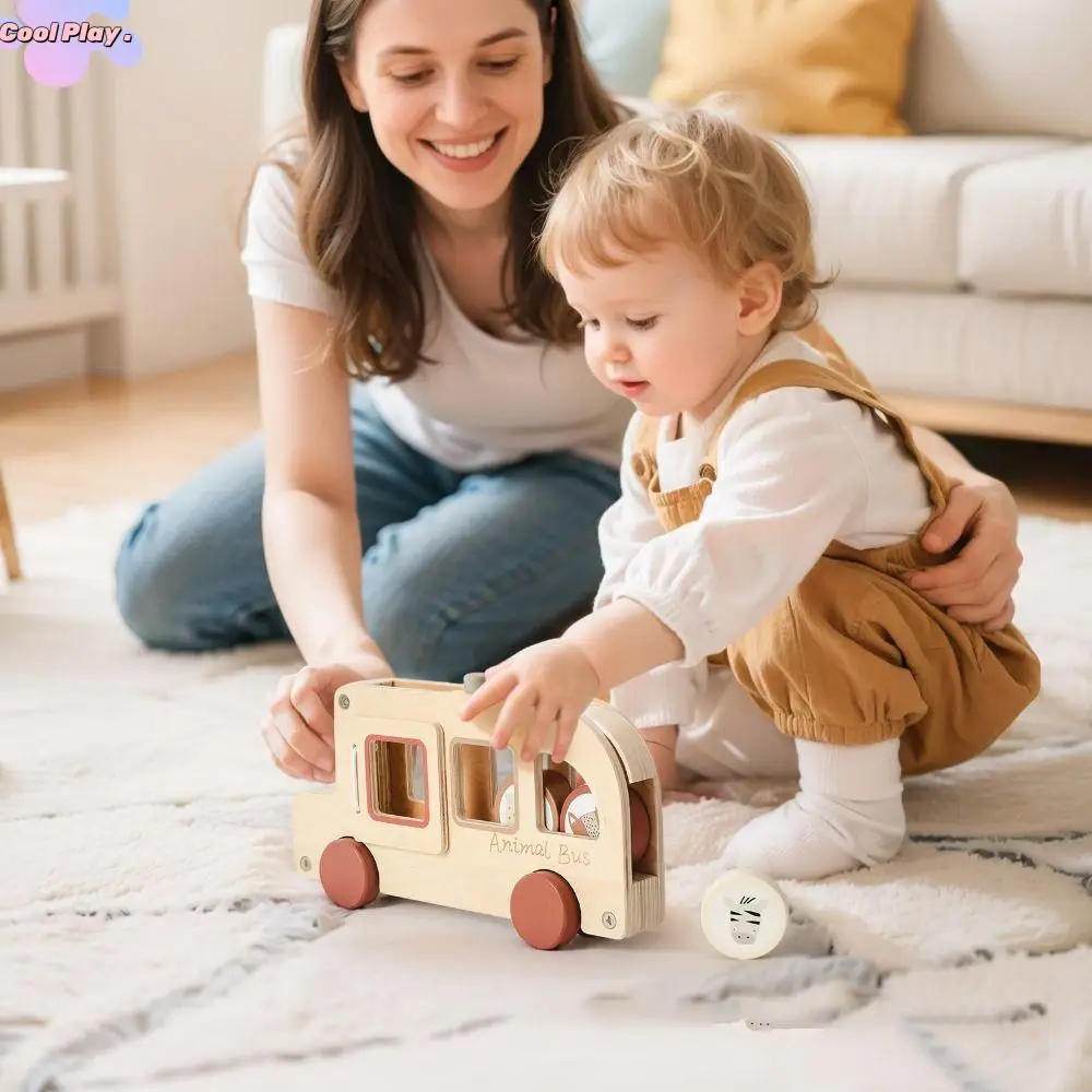 

Wooden Material Wooden Bus Toy Animal Figures Cylinder Blocks Hand-pushed Car Fine Motor Skills Hand-eye Coordination