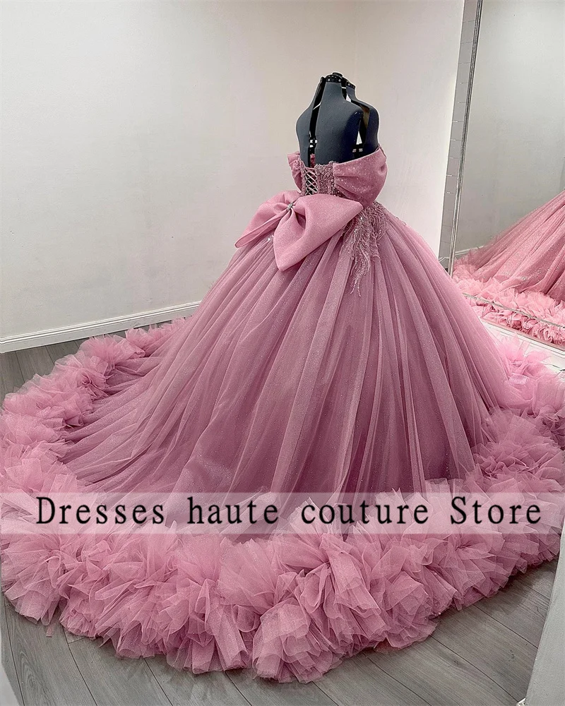 Pink Tulle Quinceanera Dresses Ball Gown 2025 With Bow Lace Applique Beads Sweet 16 Dress Customized Vestido De 15 Anos