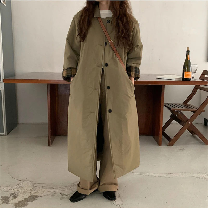 [EWQ] Spliced Plaid Long Sleeve Single Breasted Thick Down Parka Casual Women Winter Warm Cotton Coat 2024 Autumn New 16O2399