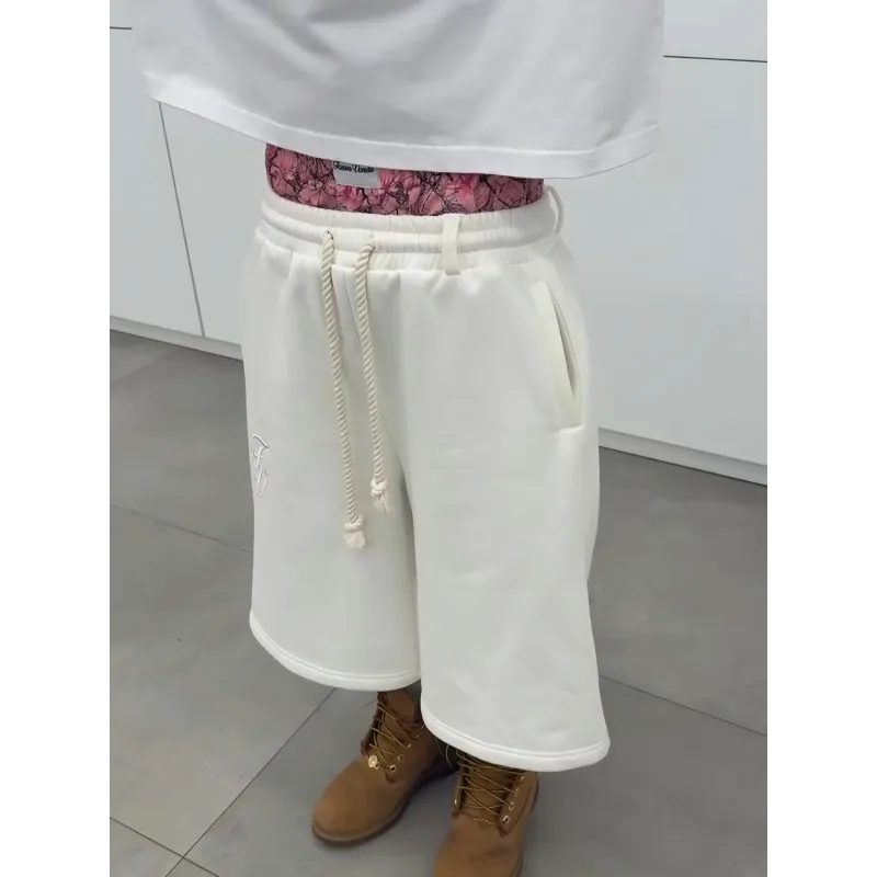 American High Street Fashion Brand Y2K Double Waist Embroidered Design Casual Loose Five Quarter Shorts