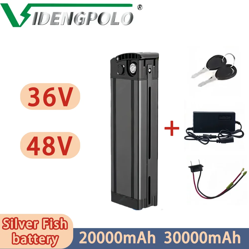 36V 48V 20AH 30AH Silver Fish Battery, 18650 Lithium Rechargeable Battery for 750W 1000W Bafang Motor Kit with 2A Charger