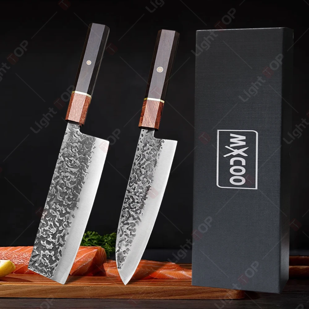 

Кованый кухонный нож Профессиональный японский нож Сантоку Нержавеющая сталь Нож мясника Тесак Нож для нарезки овощей с коробкой