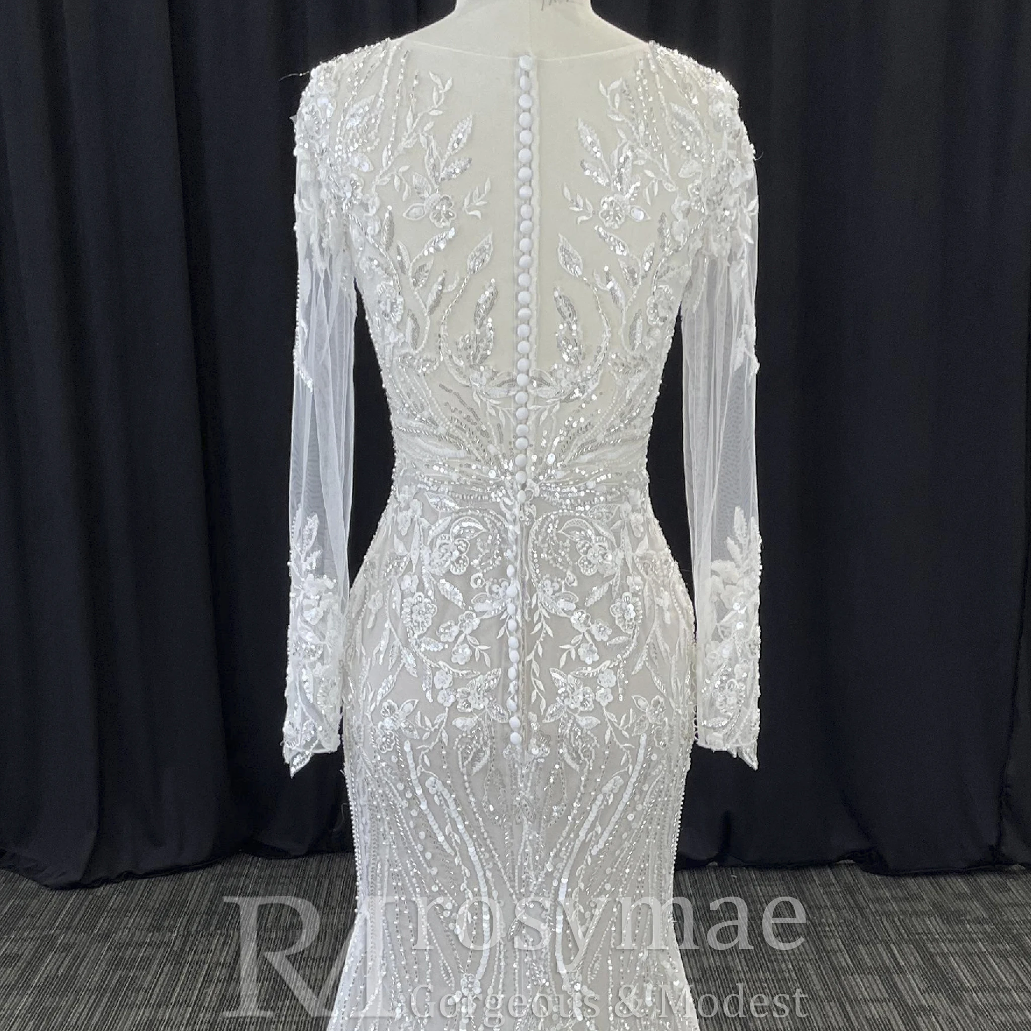 Rosymae-Meerjungfrau-Spitze-Langarm-Brautkleider, transparente Halskleider, Vestido de Novia Boda Civil