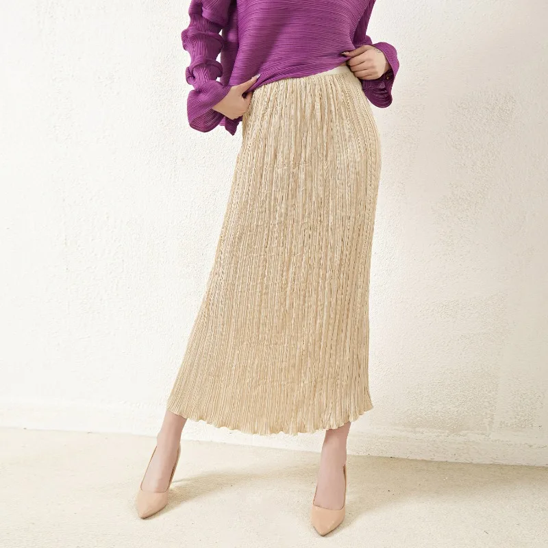 

Miyake Pleated High Waist Skirt Women's Korean Edition Fashion Lazy Style Design Metal Color Skirt