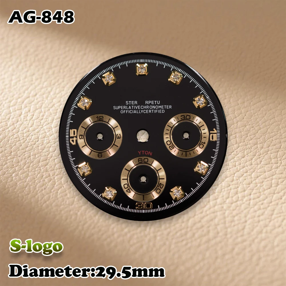 S Logo 29.5mm VK63 Panda Sunray Diamond Dial Watch for Men - Green Luminous Watch Modification Accessories