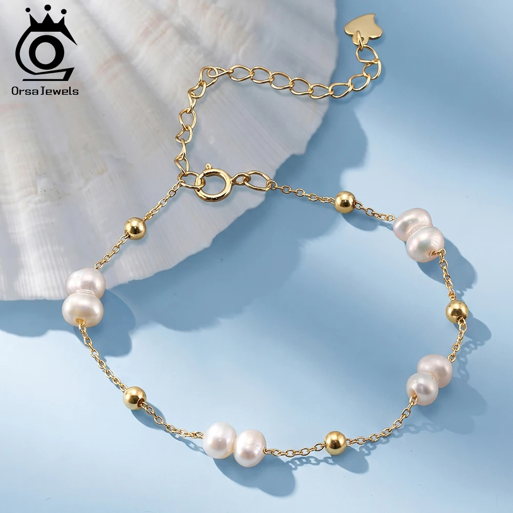 ORSA JEWELS Pulsera de perlas de plata de ley 925, pulsera de perlas de oro de 14 quilates, cadena de perlas para mujer, joyería de fiesta GPB40