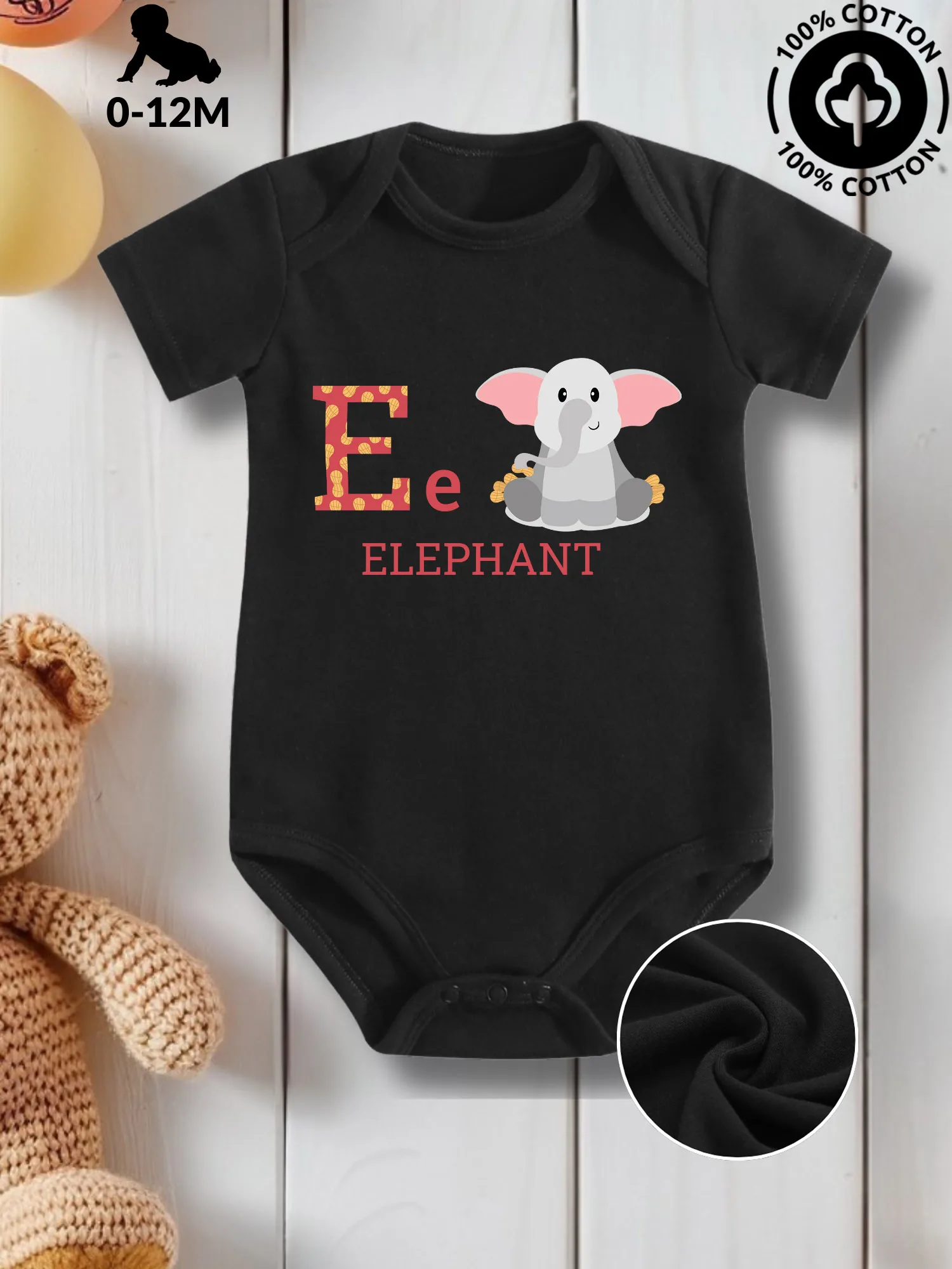 

E For Elephant Unisex Baby Crawling Suit, Pure Cotton Skin Care Onesie, All-Season Wear Black Bodysuit 190GSM