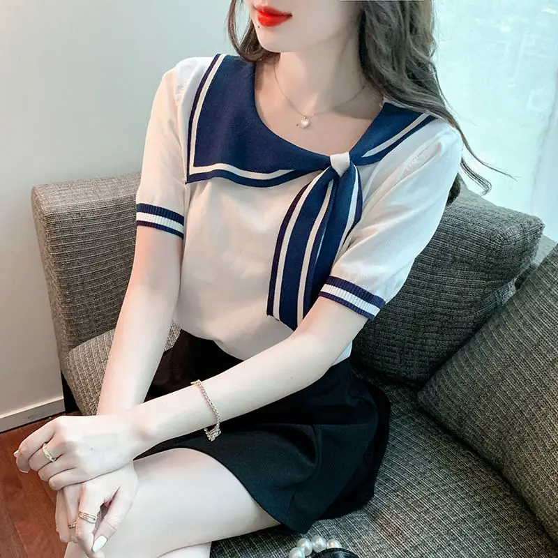 Ice Silk Preppy Style Short Sleeve T-Shirt Female 2024 New Summer Women\'s Trendy Chic Versatile Sweet Sailor Collar Top