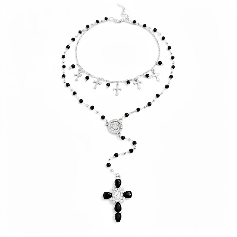 

Fashion Dark Gothic Black Crystal Beaded Cross Necklace Long Tassel Light Luxury Sweater Chain Delicate Party Jewelry for Women