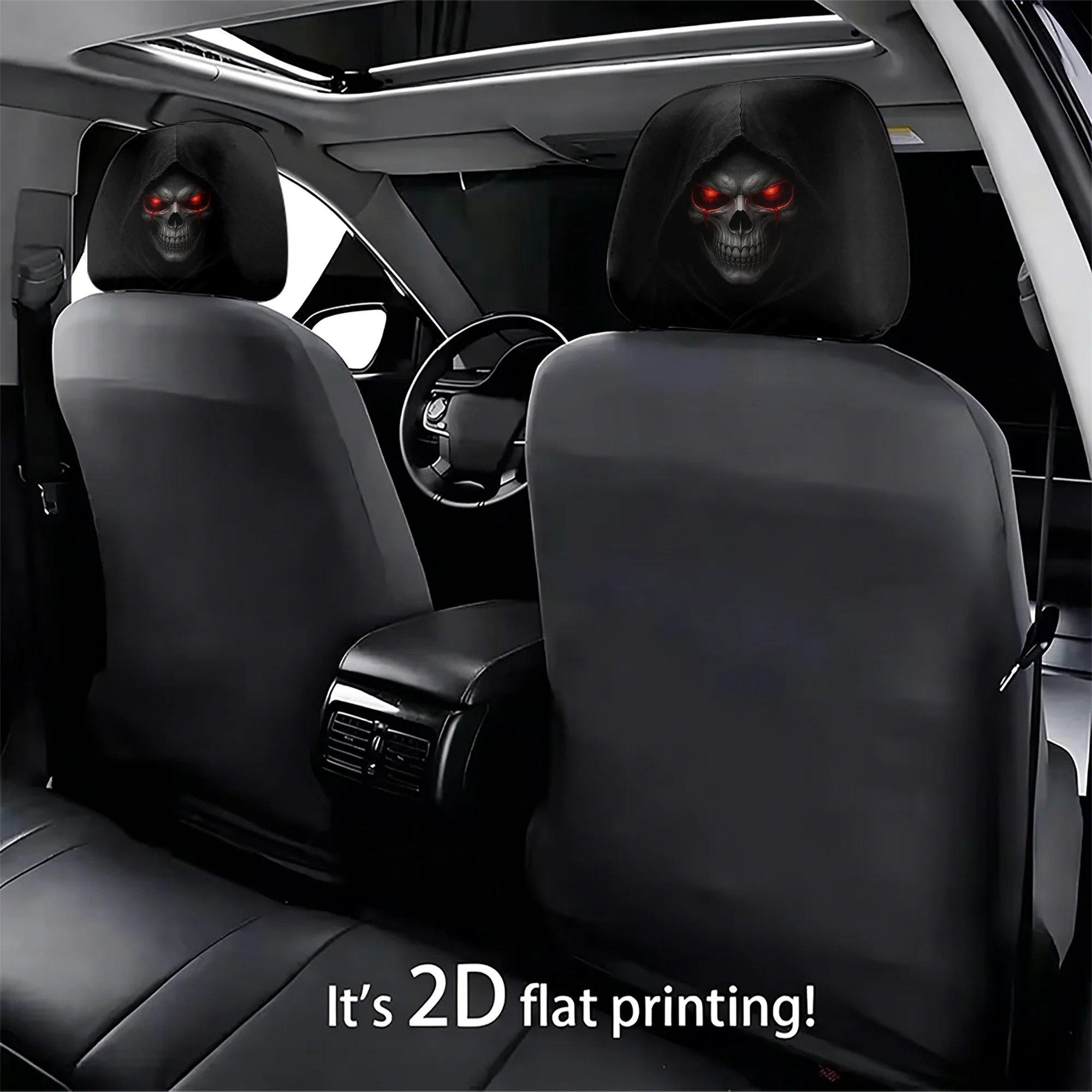 2pcs Gothic Grim Reaper-themed car headrest covers to add a touch of style to your car's interior. Does not include filling
