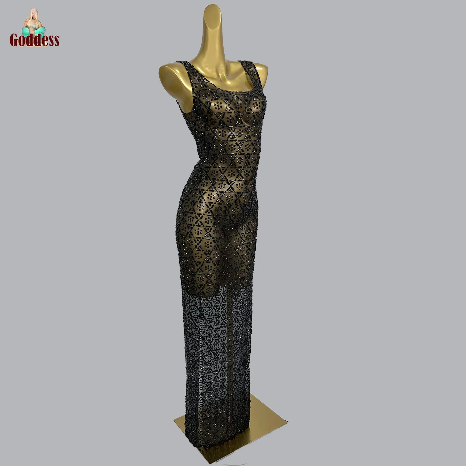 

High-end See Through Mesh Elegant Gown Birthday Night Party Celebrate Photo Shoot Wear Women Sexy Sparkly Crystals Evening Dress