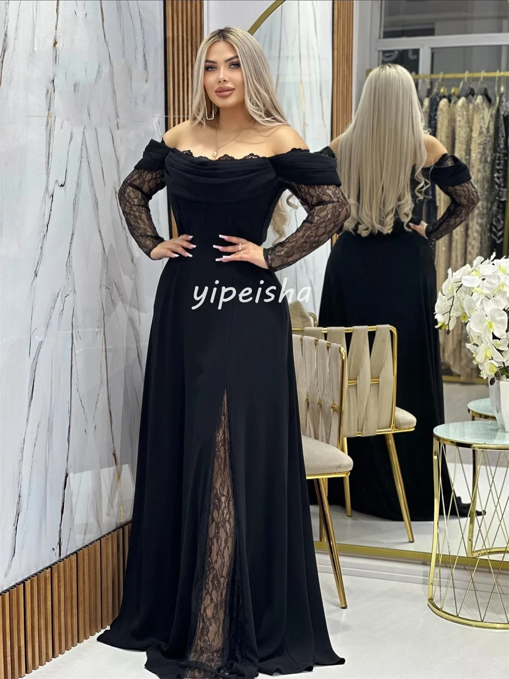 Customized Matching Sexy Jersey Pleat Draped Lace A-line Off-the-shoulder Long Dresses Bespoke Occasion Dresses Elegant Formal