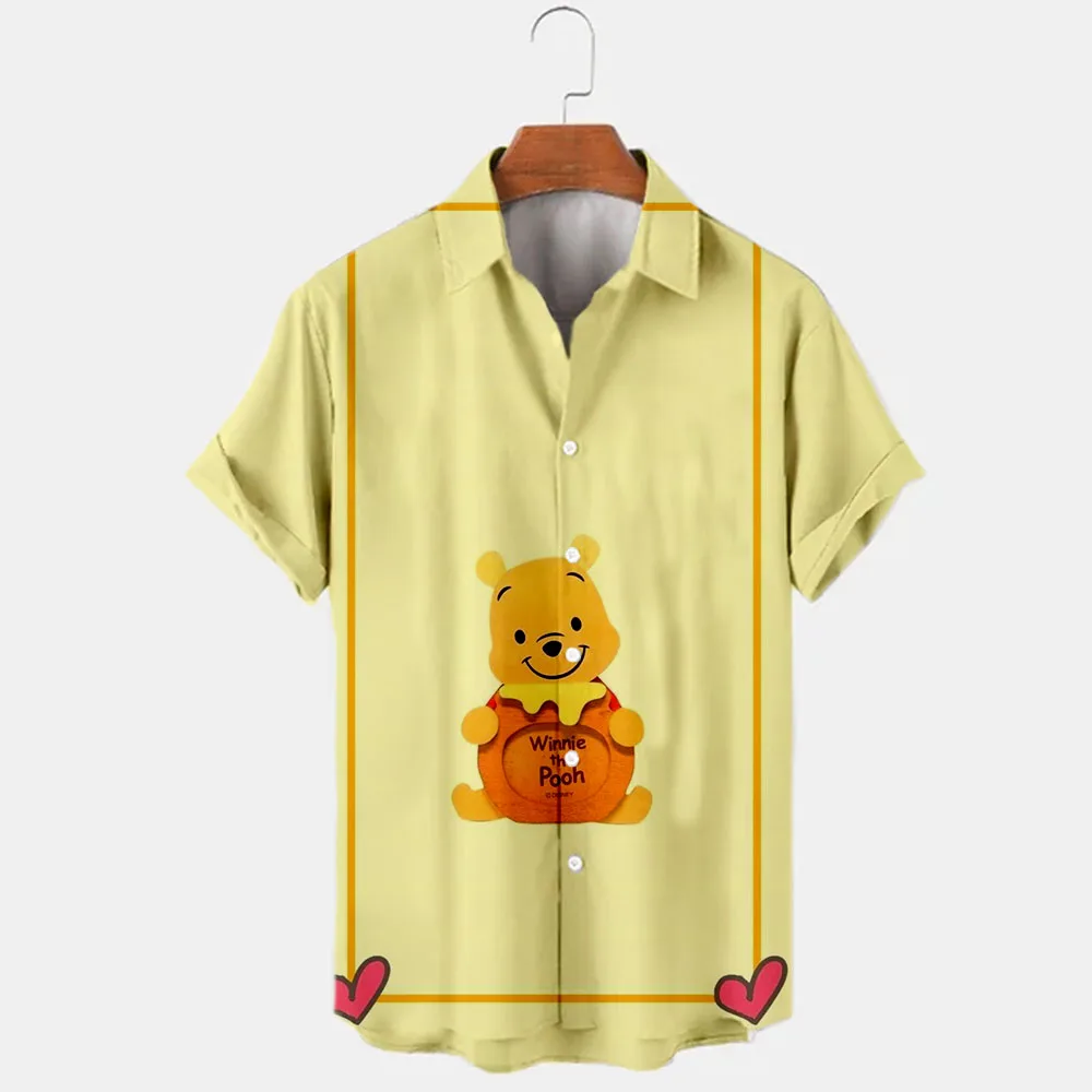 2022 New Summer Disney Branded Winnie the Pooh Cartoon Casual 3D Printed Short Sleeve Lapel Shirts Slim Fit Men\'s Tops