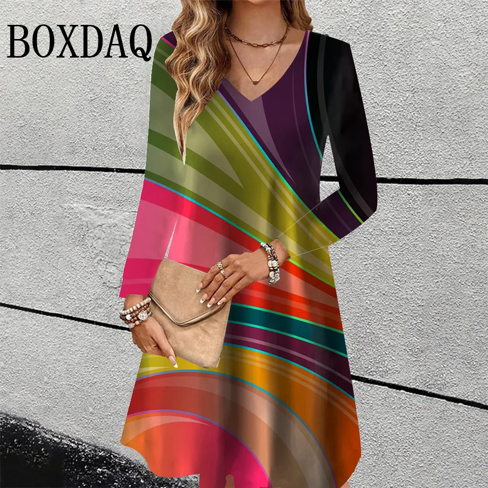 

Gradient Striped Print Women's Dress Casual Street Plus Size Vintage Woman Clothing Autumn Long Sleeve V-Neck Loose A-Line Dress