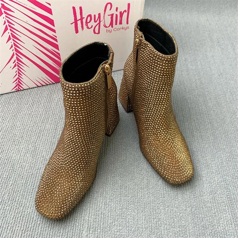 FHANCHU Sequince Cloth Winter Shoes.Anke Boots,Women High Heels Chelsea Booties,Side Zipper,Square Toe Botas,Brown,Dropship