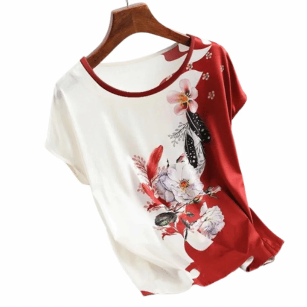 

Elegant Vintage Floral Print Blouse Comfortable Round Neck Plus Size Tops Loose 3 Size Short Sleeve T-Shirt Female