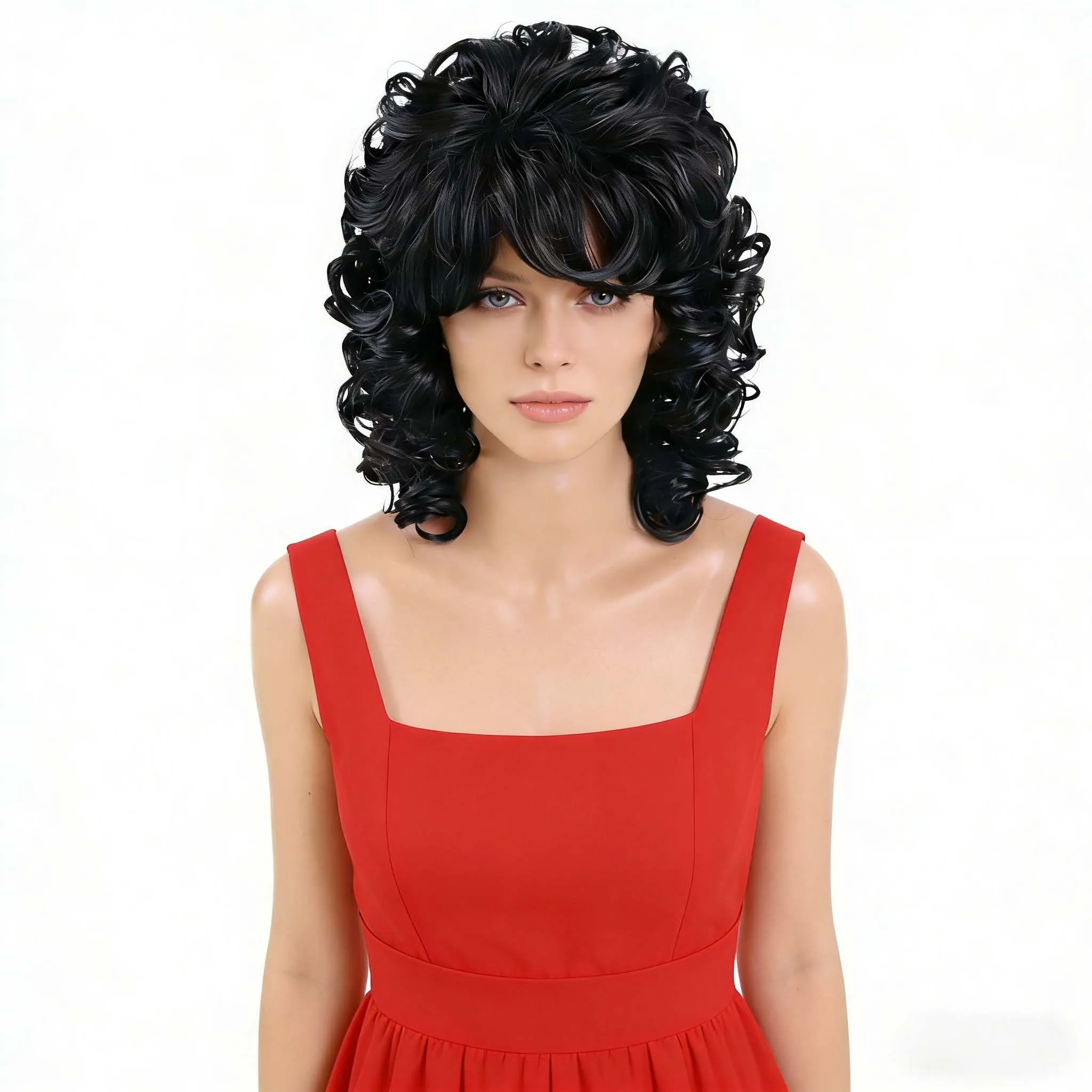 

Synthetic Women's Short Curly Black Wigs with Bangs 15 Inch Fluffy Heat Resistant Wig for 70s 80s Retro Cosplay Daily Party Wear