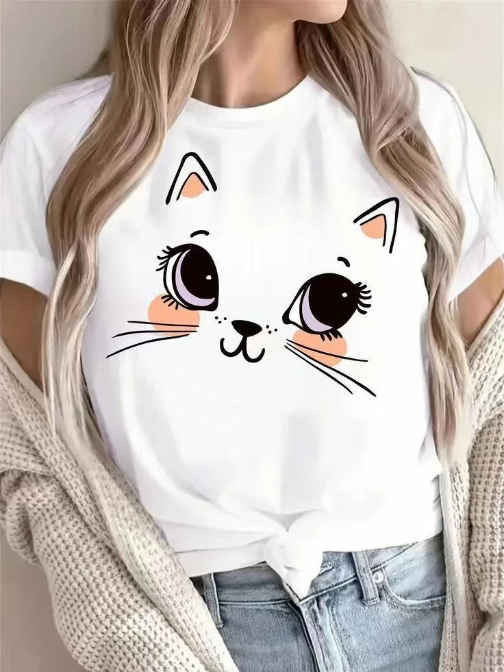 Mom Daughter Family Matching Outfits Cute Big‑Eye Kitten Cat Print T‑Shirt  Cotton Summer Short Sleeve Casual Family Look Tees