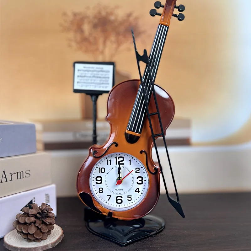 Creative Student Desktop Ornaments Pointer Clock Cello Plastic Alarm Clock Desktop Home Gift Old Children Desk Clock