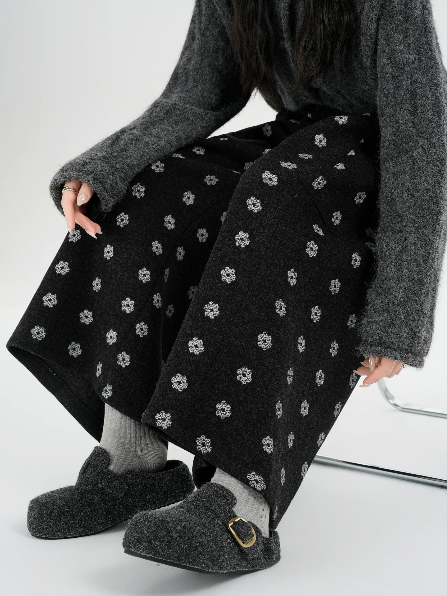 Pantaloni di lana floreali a gamba larga a vita alta Pantaloni casual dritti larghi autunno inverno da donna Stampa di piccole dimensioni Otto nove pantaloni