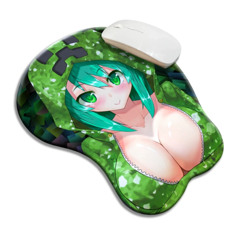 Alas Mouse Mosaik Gadis Anime Gaya Pixel Hijau dengan Penyangga Pergelangan Tangan untuk Gamer PC, Alas Mouse Hentai Payudara Besar