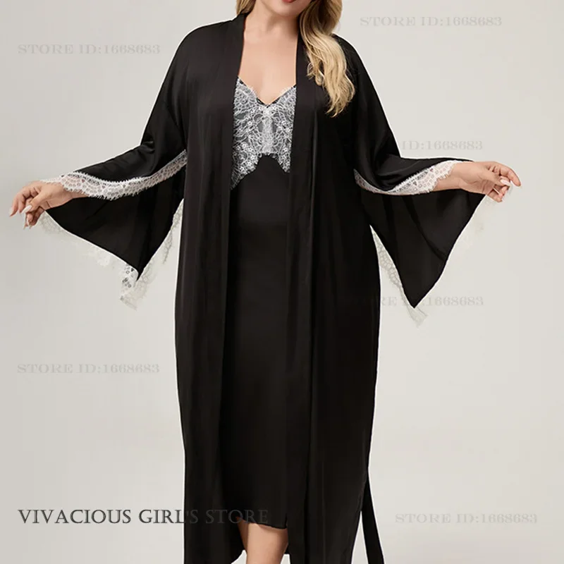 

Oversize French Simplicity Style 2PCS Robe Set Female Long Bathrobe Kimono Gown Sleepwear Sexy Lace Lingerie Nightgown Homewear