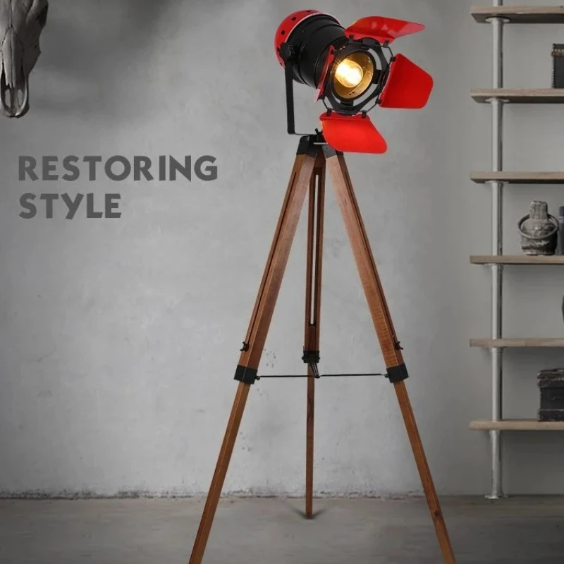 

Wooden Floor Lamp LED Industrial Lamps Red/Black Loft Lampshad Vintage Standing Lamp for Living Room Office Study Rustic Light