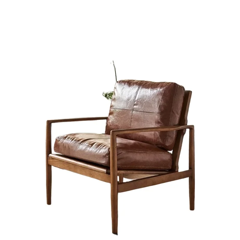 

Medieval oil wax leather sofa chair, living room balcony solid wood designer armchair for home use