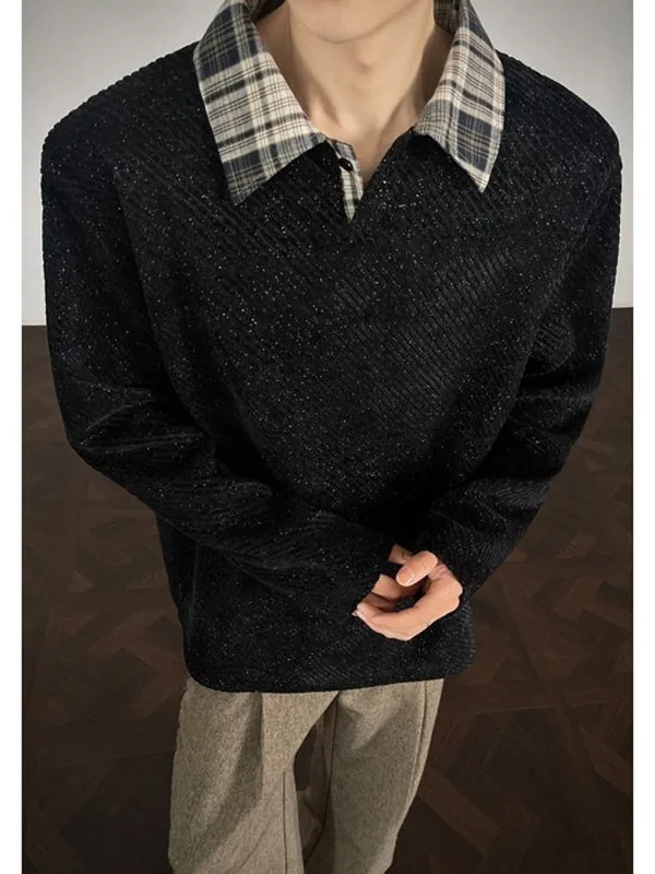 Classic Plaid Long Sleeve Collared Sweatshirt Men's Spring Autumn Casual Outerwear Trendy Polyester Fiber Non-iron Treatment