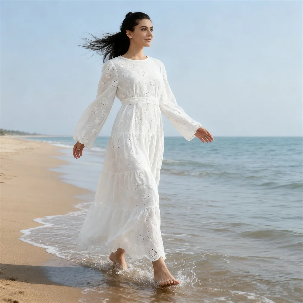 

Fashion Women Muslim Long Dress White Abaya Dubai Kaftan Ramadan Eid Modest Party Dresses Belted Jalabiya Islam Clothing Caftan