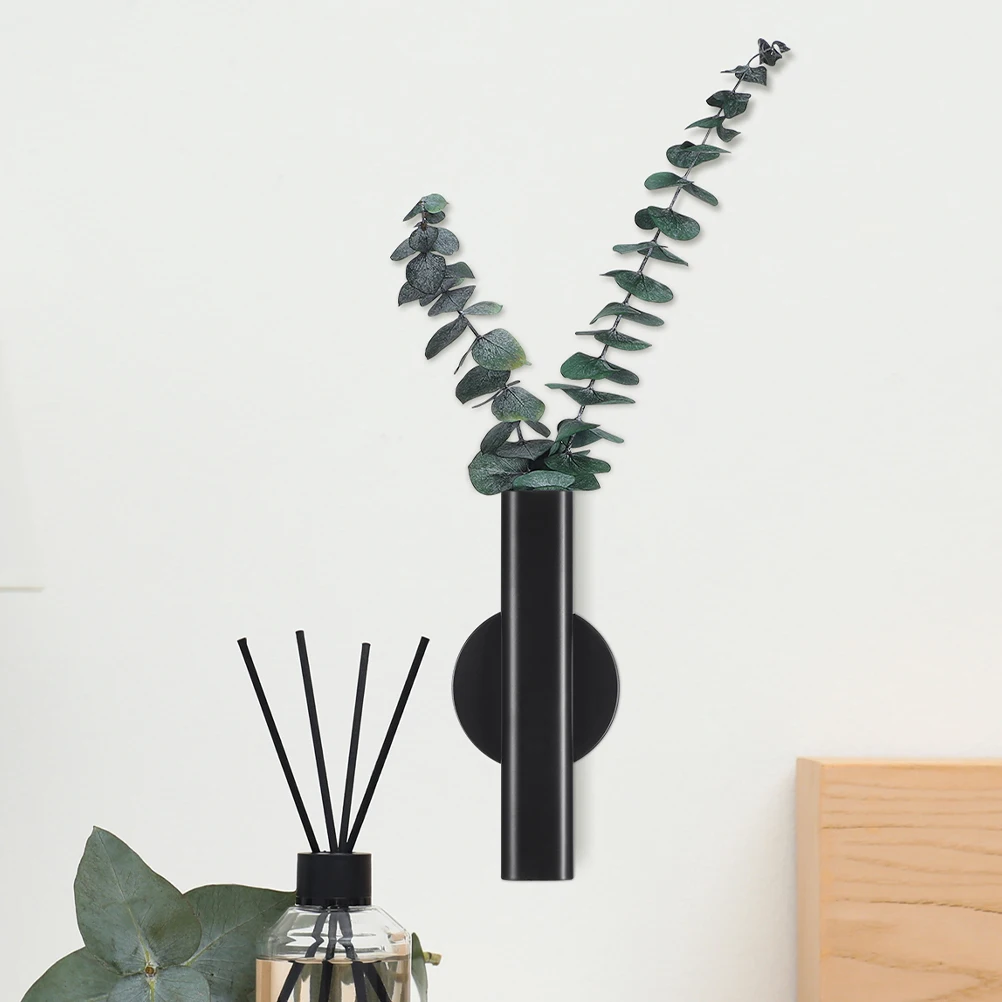 2 Pcs Wall Vases for Decor Minimalist Metal Flower Vase Cute Flower Holder Wall Mounted Mini Tube Iron Plant Pot Black
