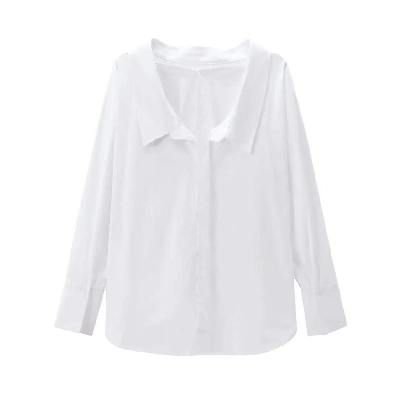 Women's 2024 New Fashion Temperament Joker Back Button Decorated Poplin Blouses Retro Long-sleeved Blouses Chic Tops.