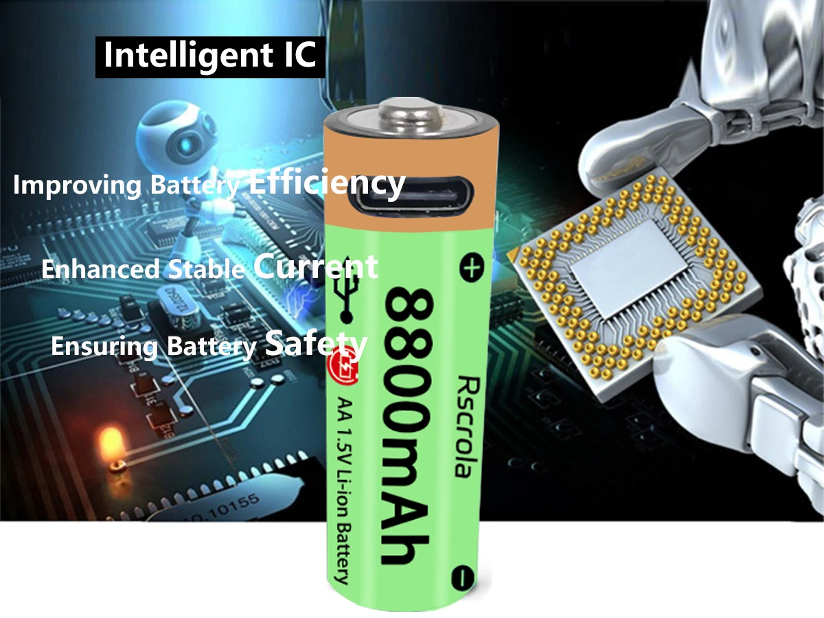 Upgraded Long-Lasting AA Li-ion Battery Type-C Large Capacity Rechargeable Battery 1.5H Fast Charge Over 1500 Cycle Battery Life