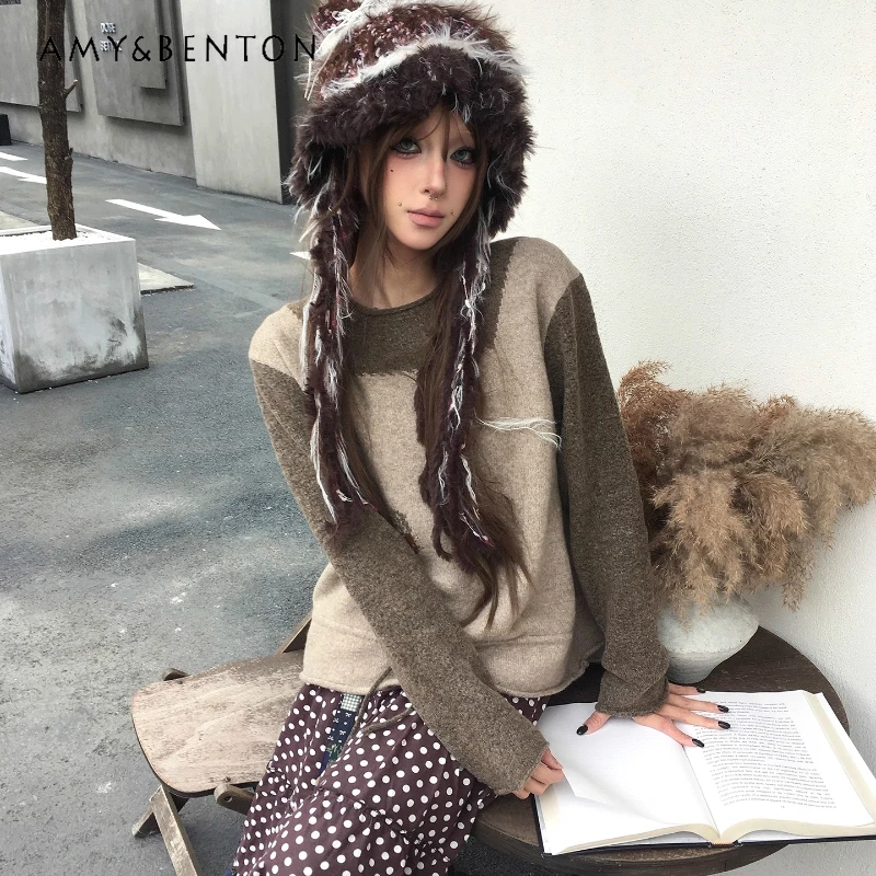 

Original Design Retro Loose Women's Pullover 2025 Autumn New Style Japanese Sweet Cool Y2k Knitted Splicing Sweaters Top Ladies